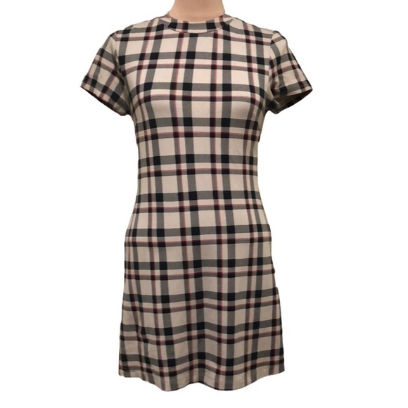 Anthropologie Sanctuary Dress Size Small Petite SP Tan Tartan Plaid Bodycon Mini - Picture 1 of 8